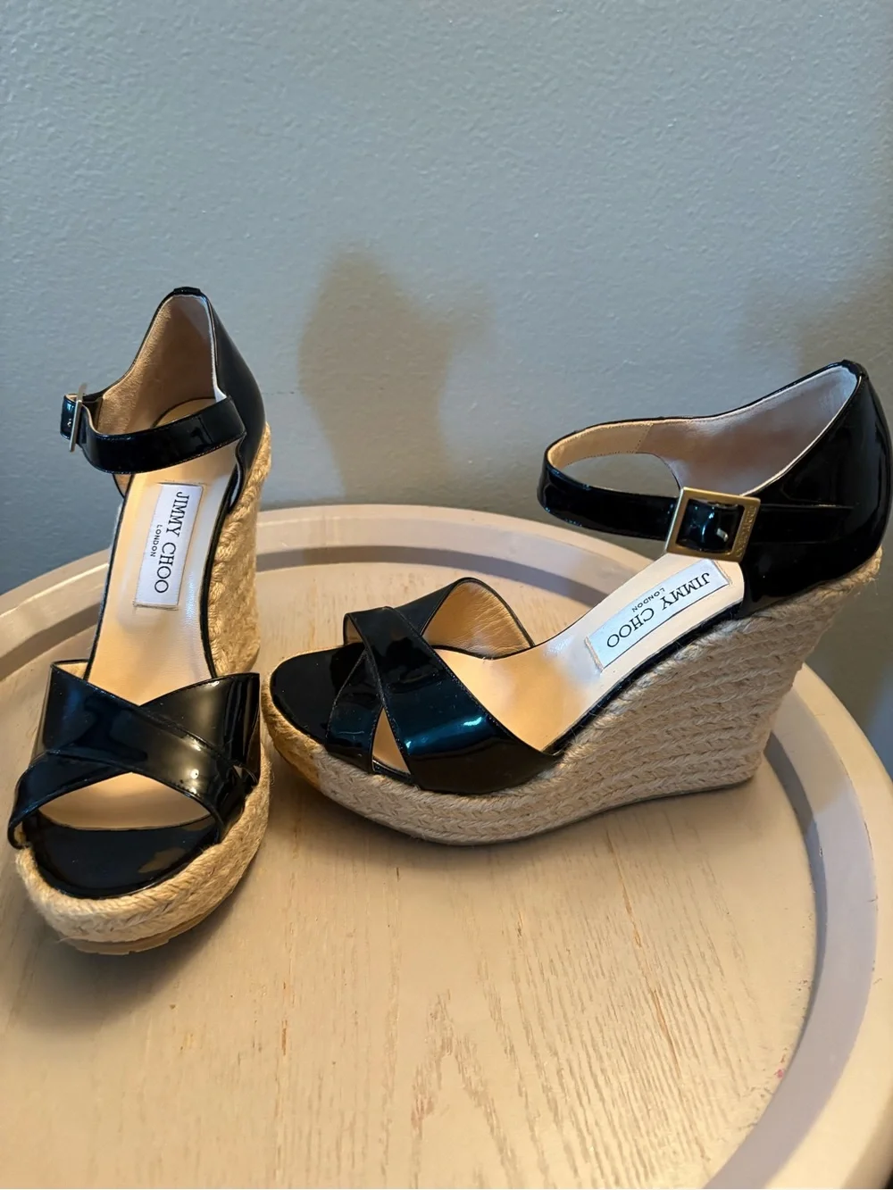 Jimmy Choo Black Patent Espadrille Wedge Sandals with Ankle Strap